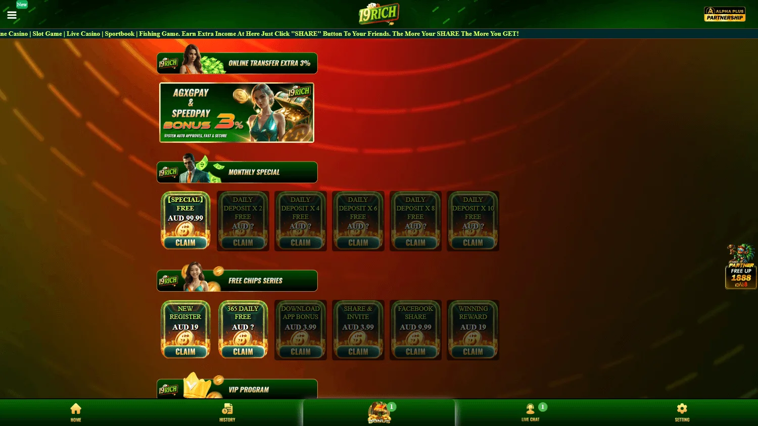 19rich Casino desktop promotions with welcome and no-deposit offers