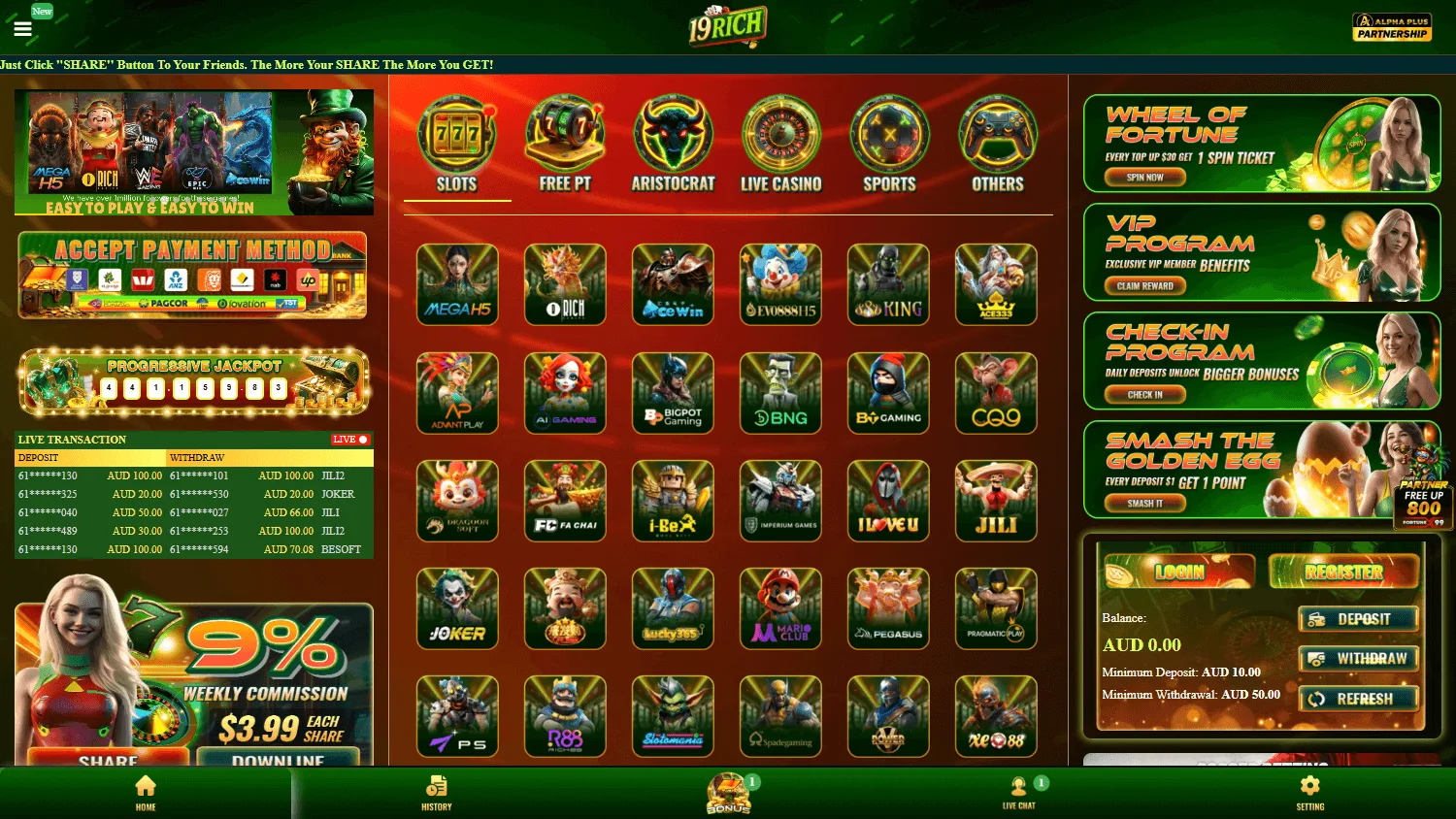 19rich Casino desktop home experience for Australian players