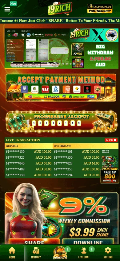 19rich Casino mobile home experience with access to casino features
